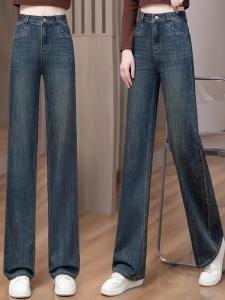 Womens Denim Wide Leg Pants Fleece Lined Straight Narrow Version Loose plus Size Trousers for Spring Autumn Winter