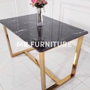 meja makan top marmer hitam kaki stainless gold
