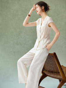 MOHANYIMEI | Vintage Elegant Flax V-Neck Slim Fit Womens Comfort Set