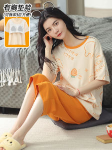 Bộ Đồ Ngủ Cotton Nguyên Chất Mùa Hè Cho Nữ Có Đệm Ngực Chống Vướng Víu Quần Áo Mặc Nhà in Họa Tiết Hoạt Hình Quần Dài Tám Điểm