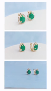 Bông tai giọt nước màu xanh câm thach viền vàng đính đá cz zircon lấp lánh bling sáng đẹp to nổi bật sang trọng cổ điển thời trang