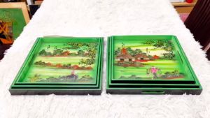 Bộ Khay sơn mài cao cấp Thanh Bình Lê KV03 Cảnh đồng quê đẹp mắt sang trọng quà tặng ý nghĩa
