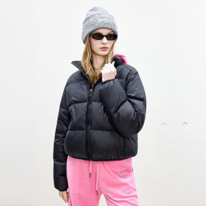 Juicy Couture | 90% White Duck Down Short Jacket Pink Standing Collar Casual Print
