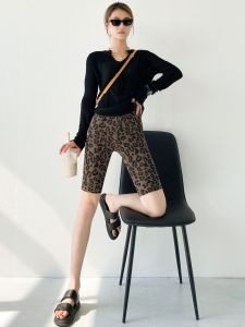 New Womens Leopard Sharkskin Tight Pants Summer Five-Quarter Length Biking Bottoms High Waist Hip Lifting Tummy Control
