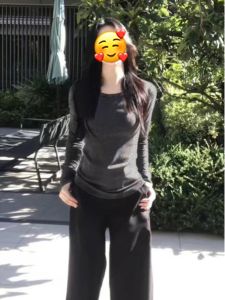 Deep Grey Slim Fit Long Sleeve T-Shirt Womens Spring Autumn Base Layer Shirt Inner Wear Korean Style Commute Fashion