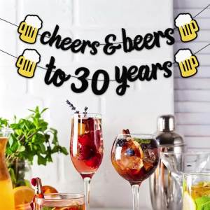 Black Gold Glitter Cheers Beers to 30 Years Banner 30th Birthday Beer Mug Garland for Birthday Party Decorations Supplies
