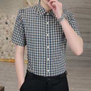 HENGYUANXIANG | Hengyuanxiang Summer Thin Ice Silk Shirt Mens Plaid Short Sleeve Casual Fashionable Dad Clothes Sharp Collar Slim Fit Shirt