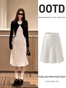 SUHUIQIAN | White Polka Dot Fishtail Skirt Acetate Satin Fabric Summer High Waist A-line Slim Fit