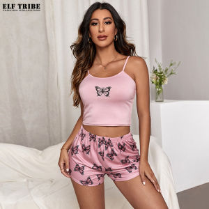 ELF TRIBE Euro-US Plus Size Camisole Shorts Loungewear Set Soft Drapey Printed Pajamas Two Sets