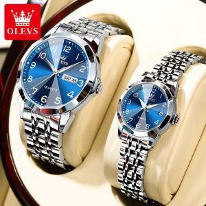 OLEVS Waterproof Couple Watch Set 2 Pieces Korean Style Luxury Fashion Casual Quartz Stainless Steel Watches Suitable for Men and Women