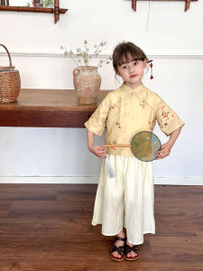 New Summer Childrens Hanfu Set Girls Baby Cheongsam Skirt Button Shirt Silk Wide Leg Pants Traditional Chinese Style Outfit