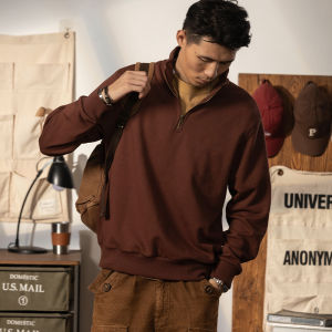 เสื้อสเวตเตอร์คอตตอนผสมคอตตอนแท้สีแดงสีอินทรีย์สไตล์อเมริกันย้อนยุค 420 กรัม พร้อมซิปครึ่งตัว สำหรับผู้ชาย ฤดูใบไม้ร่วง 2025