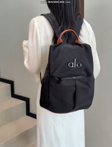 ALO Yoga Backpack for Women Waterproof Nylon Casual Daypack 3D Embossed Logo Leather Top Handle Front Zipper Pocket Large Capacity School Commute Travel Sports Backpack
