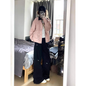 กางเกงขายาวทรงตรงสีดำปักลายผีเสื้อสำหรับผู้หญิง ฤดูใบไม้ร่วง 2024 กางเกงขายาวทรงตรงเอวสูง กระเป๋า ผ้าผสมอื่นๆ