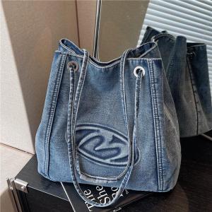 Trendy Denim Bucket Bag Womens Casual Crossbody Shoulder Bag American Retro Style Commuter Soft Handbag Large Pure Color