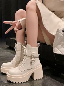 Womens Short Martin Boots Autumn Winter Fleece Lined Thick Heel Waterproof Platform Chunky Sole Boots round Toe Zipper Closure