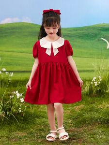 ชุดเดรสเด็กผู้หญิง ชุดเด็กสไตล์เกาหลี ทรงเอ แขนสั้น สีแดง แฟชั่นฤดูร้อน เดรสเจ้าหญิง ชุดเด็ก ชุดเด็กผู้หญิง