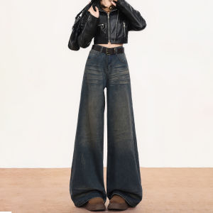 Retro Washed Straight Leg Jeans Womens Loose Fit Comfortable Slimming Wide Leg Pants High Waist Denim Autumn New Style