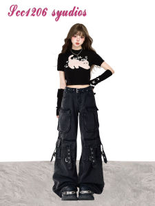 Retro American Vibe Heavy Duty Black Multi Pocket Workwear Denim High Waist Straight Leg Wide Leg Pants Trendy Brand Womens Street Style