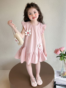 Váy Công Chúa Mỏng Họa Tiết Hoa Mùa Hè Cho Bé Gái Váy Ngắn Tay Cổ Tròn Bằng Vải Cotton Pha Trộn Thường Ngày Cho Trẻ Em