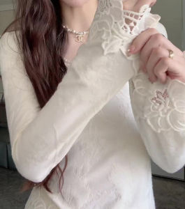 Elegant Long Sleeve Lace Embroidered Womens Slim Fit Base Shirt Apricot Color Versatile Fashionable Spring Autumn Top