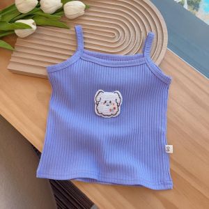 Girls Cartoon Embroidered Sleeveless Summer Tank Top Slim Fit Elastic Candy Color