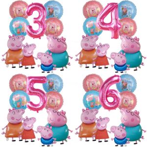 Hasbro | 9pcs Peppa Pig Foil Balloon Set Pink Numbers Birthday Party Decoration Cartoon Family Balloons for Childrens Events Baby Gifts