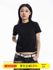 Pink Burnin Pure Color Loose Short Sleeve T-Shirt Womens Fashionable Card Waist Top round Neck Cotton Polyester Blend