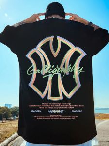 Oversize American Streetwear Short Sleeve T-Shirt Men Loose plus Size Five-Quarter Sleeve Top Fashionable Youth Summer Casual