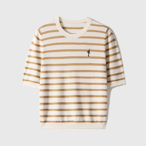 XiaoHanGe Summer Lightweight Silk And Cotton Blend Knitwear Short Sleeve Striped Shirt Fresh And Comfortable Womens Fashion