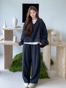 Gray Korean Style Fashion Casual Matching Set Womens 2025 Autumn New Hat Top Wide Leg Pants Two Piece Set High Waist Long Pants
