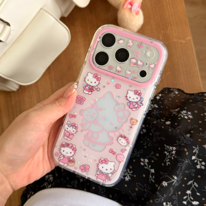Sanrio | Sweet Pink Hollow-Out Sanrio Hello Kitty Shockproof Phone Case For iphone 17 16 15 Pro Max 17 Pro Lens Camera Protective Cover
