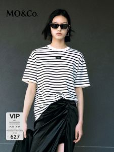 MO&Co. | Lightweight Loose Short Sleeve Crew Neck Knit Top with Stripes