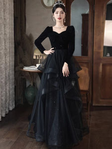 Elegant Black Velvet Long Sleeve Evening Gown for Women High-End Luxury Feel Suitable for Banquets Year End Parties And Performances