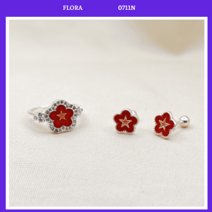 FLORA 0711N - Set bạc ta nhẫn bông tai khuyên chốt ren hình hoa cờ đỏ sao vàng Việt Nam dành cho bé gái