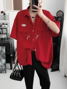 Mr. Fude Double Buckle Fancy Short Sleeve Shirt Mens Stylish Niche Style Trendy Handsome Loose Casual Shirt