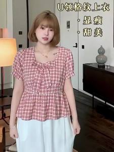 MASISI | Plus Size U-neck Bow Checked Short Sleeve Blouse