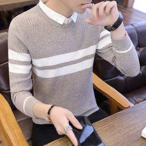 Shirt Collar Sweater Male K-style Led Knitwear Men Trendy Fake Two-Piece Personality Bottoming Tops Fall and Winter Cotton Knitwear