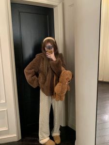 Thickened Lamb Fur Coat Womens College Style Cute Bear Ear Hooded Plush Upper Apparel Warmth Fashion Zipper Sleeve Long Coat
