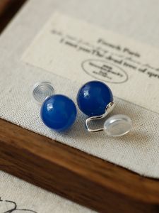 Elegant Vintage Blue Agate Clip-On Earrings: New Chinese Style Minimalist Simple No Piercing Required