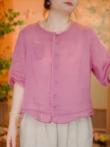 Shalldoer | Casual Loose Womens Shirt Pure Color Breathable Five-Quarter Sleeve Summer Lazy Feeling Top Comfortable Round Neck Button Detail