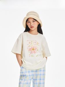 BarryBanny Antibacterial Short Sleeve round Neck T-Shirt for Girls Summer New Style Breathable Lilies Cool Feeling Top