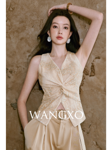 WANGXO | Áo Vest Không Tay Cổ V Sâu Thêu Ren và Chi Tiết Đính Đá