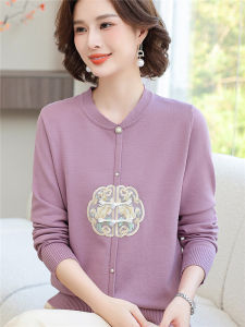 New Chinese Style Knitted Long Sleeve Sweater for Mom Autumn Fashion Elderly Women Traditional National Style Top Spring Autumn