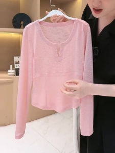 New Pink V-Neck Asymmetrical Thin Long Sleeve T-Shirt Women Summer European Style Base Shirt Slightly Transparent Sunshade Top
