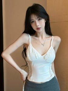 GUZILIAN | เสื้อกล้ามคอวีลูกไม้สไตล์ฝรั่งเศส เสื้อชั้นในทรงเข้ารูปสีพื้น เสื้อกล้ามเซ็กซี่ฤดูร้อนสำหรับสาวๆ ทรงเข้ารูป