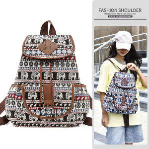 กระเป๋าเป้สะพายหลังผ้าแคนวาสลายย้อนยุคสไตล์ชาติพันธุ์ใหม่ ความจุขนาดใหญ่ กระเป๋าเดินทางแบบมีเชือกผูก กระเป๋าสะพายไหล่คู่สำหรับผู้หญิง
