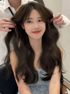 Center-Parted Wig Womens Long Hair Long Curly Hair Big Wave Artificial Full Real Hair Nature Eight-Character Bangs Full-Head Wig Style