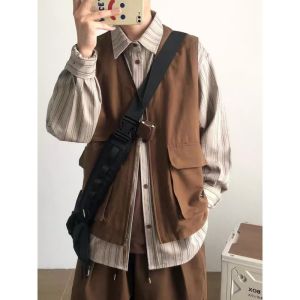 Áo Sơ Mi Dài Tay Rộng Rãi Phong Cách Nhật Bản Mùa Xuân Thu Cho Nam Và Nữ Áo Sơ Mi Kẻ Sọc Dọc Cổ Polo Tay Dài Thường Ngày