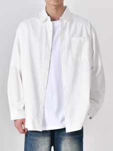 Rampo Loose Fit Solid Color Mens Casual Shirt Long Sleeve Autumn High Sensation Pocket Design White Outerwear Coat